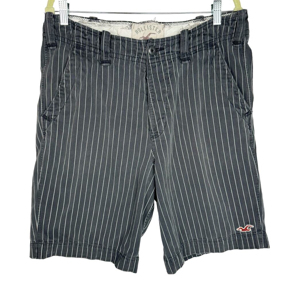 Hollister Gray Stripped Distressed Y2K Flat Front Chino Relaxed Fit Shorts Sz 34